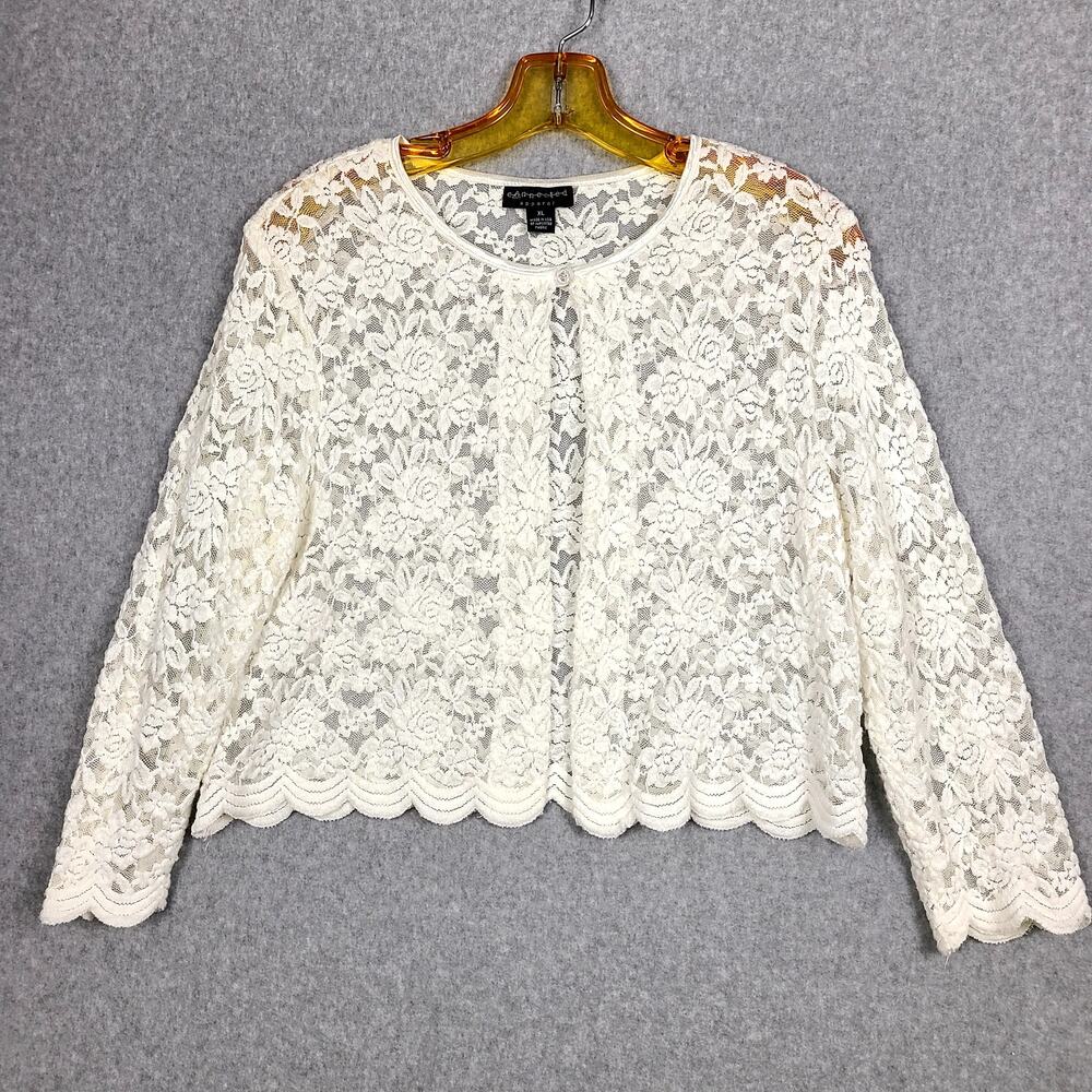 Connected Apparel Lace Open Front Cardigan XL White Floral Shrug Made in USA Y2K